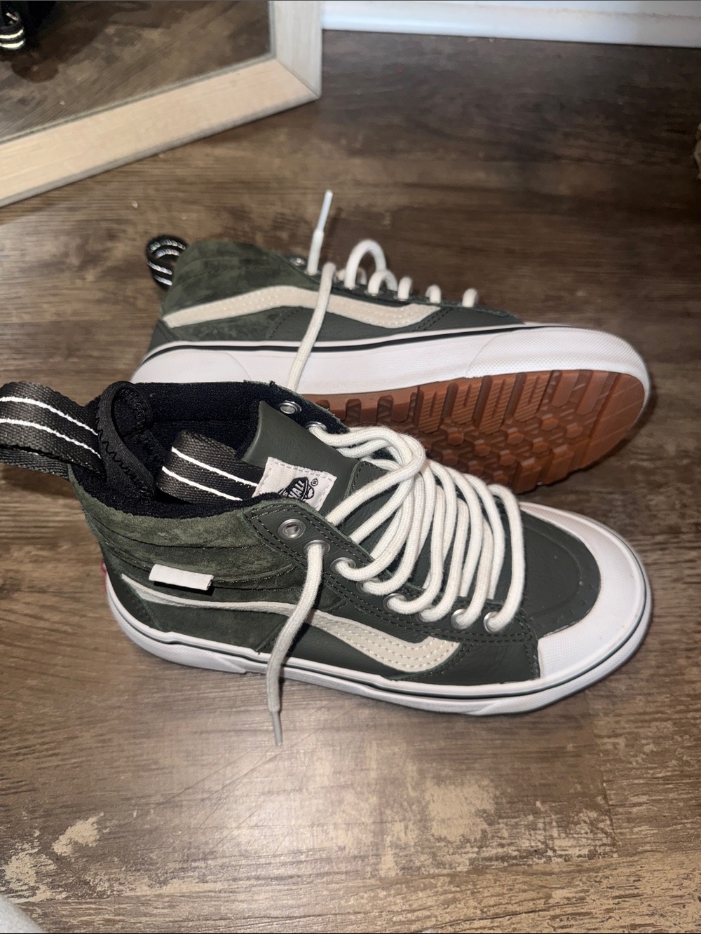 NWOT Vans Kids High-Top Sneakers in Olive Green and White with Gum Sole
